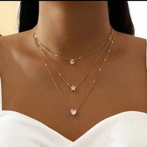 Retro Zircon Necklace: Multi-layer Five-pointed Star Love Water Drop Pen…